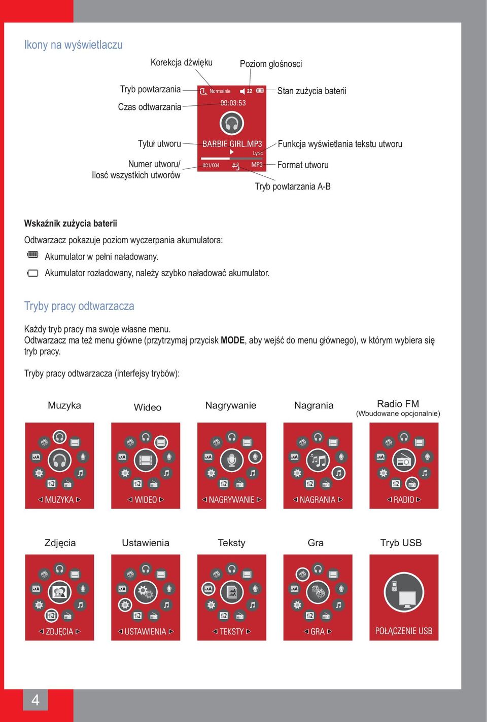 naładowany. Akumulator rozładowany, należy szybko naładować akumulator. Tryby pracy odtwarzacza Każdy tryb pracy ma swoje własne menu.