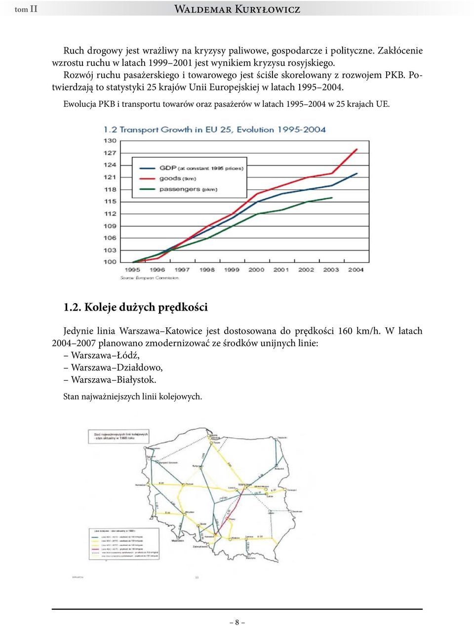 Potwierdzają to statystyki 25 krajów Unii Europejskiej w latach 1995 2004. Ewolucja PKB i transportu towarów oraz pasażerów w latach 1995 2004 w 25 krajach UE. 1.2. Koleje dużych prędkości Jedynie linia Warszawa Katowice jest dostosowana do prędkości 160 km/h.
