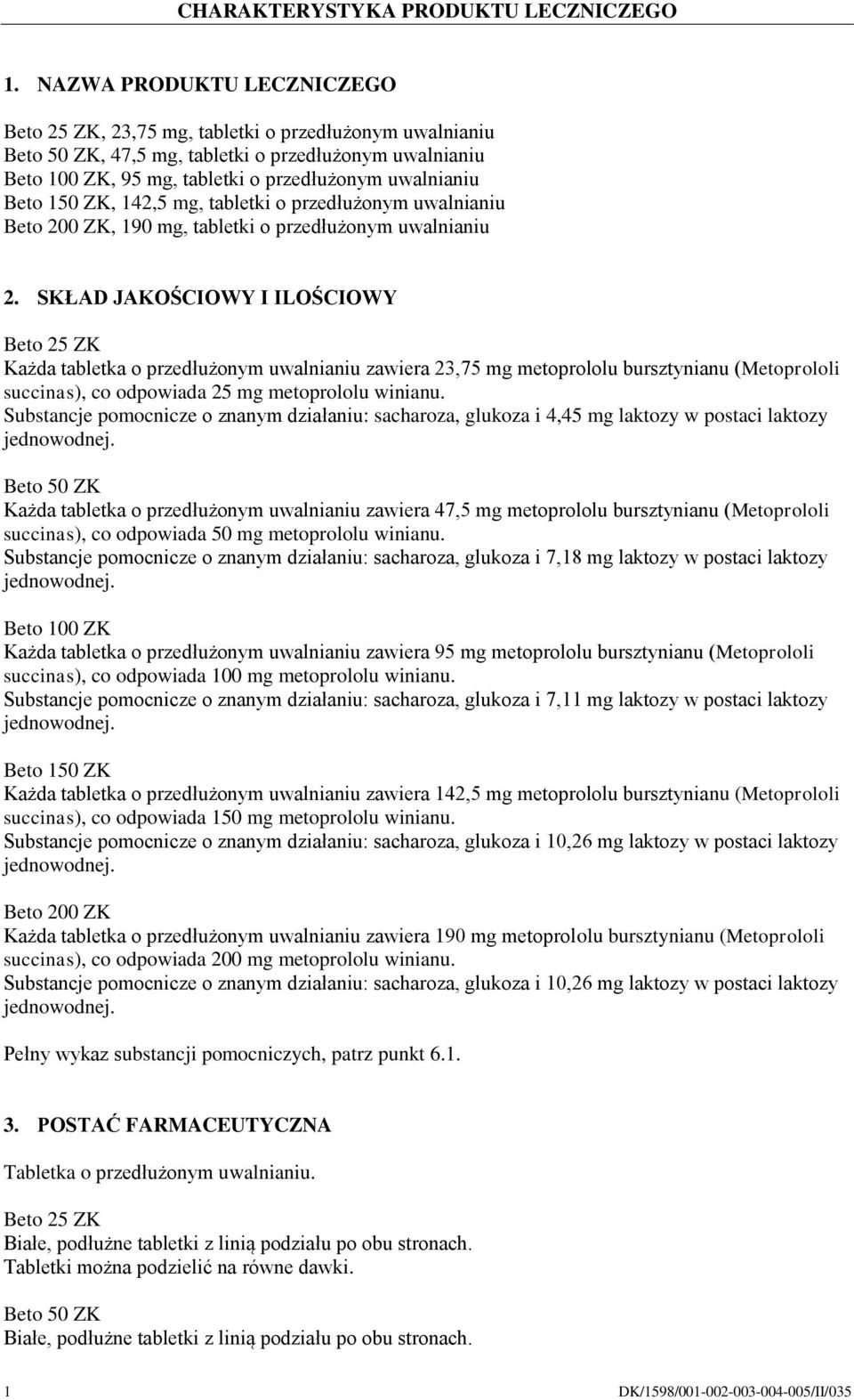 150 ZK, 142,5 mg, tabletki o przedłużonym uwalnianiu Beto 200 ZK, 190 mg, tabletki o przedłużonym uwalnianiu 2.
