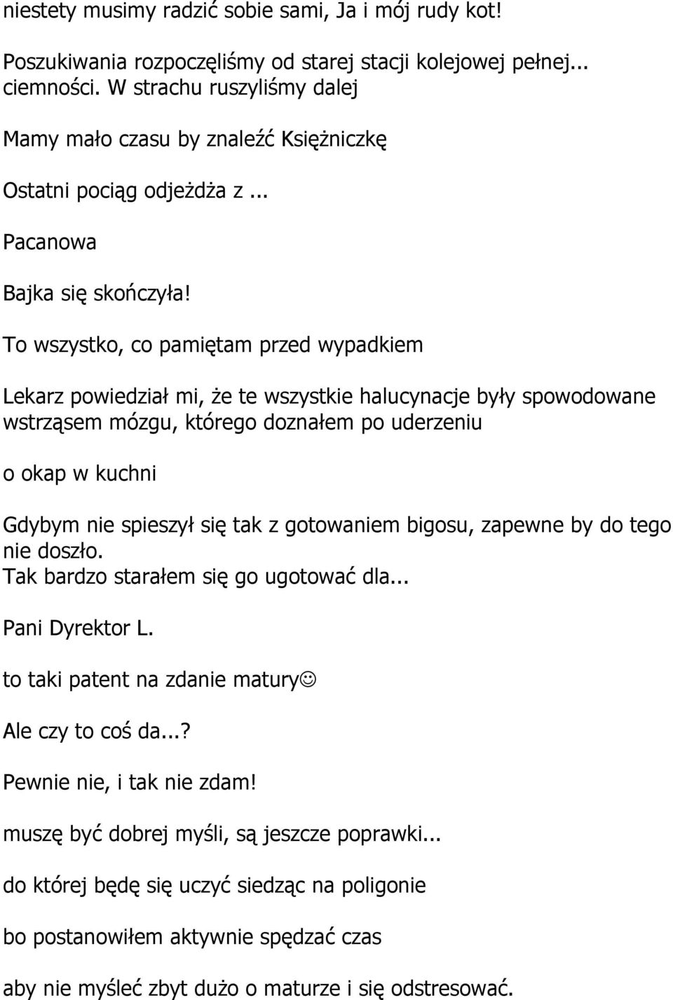 To wszystko, co pamiętam przed wypadkiem Lekarz powiedział mi, że te wszystkie halucynacje były spowodowane wstrząsem mózgu, którego doznałem po uderzeniu o okap w kuchni Gdybym nie spieszył się tak