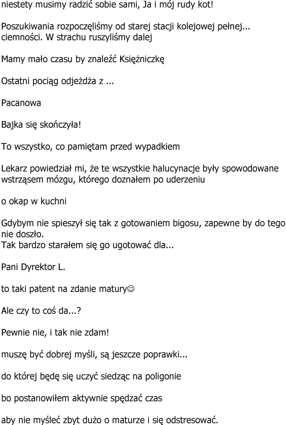 To wszystko, co pamiętam przed wypadkiem Lekarz powiedział mi, że te wszystkie halucynacje były spowodowane wstrząsem mózgu, którego doznałem po uderzeniu o okap w kuchni Gdybym nie spieszył się tak