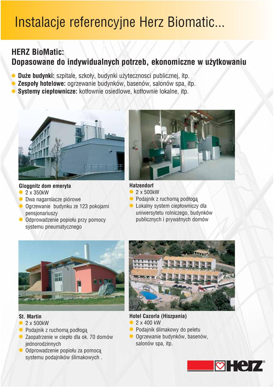 Gloggnitz dom emeryta 2 x 350kW Dwa nagarniacze piûrowe Ogrzewanie budynku ze 123 pokojami pensjonariuszy Odprowadzenie popio u przy pomocy systemu pneumatycznego Hatzendorf 2 x 500kW Podajnik z