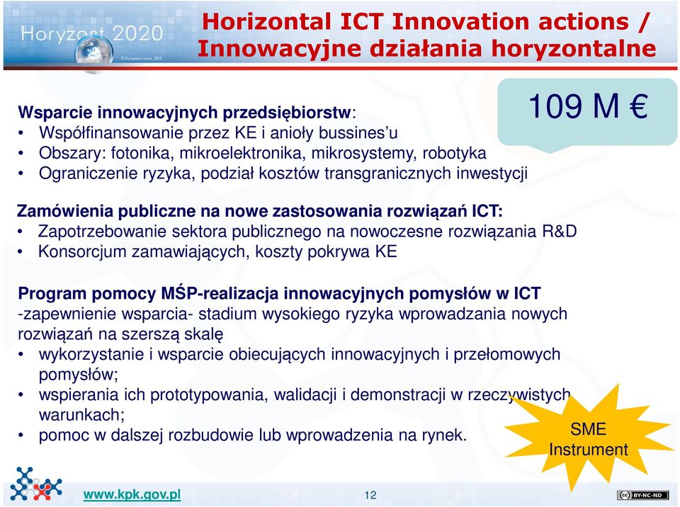 rozwiązania R&D Konsorcjum zamawiających, koszty pokrywa KE 109 M Program pomocy MŚP-realizacja innowacyjnych pomysłów w ICT -zapewnienie wsparcia- stadium wysokiego ryzyka wprowadzania nowych