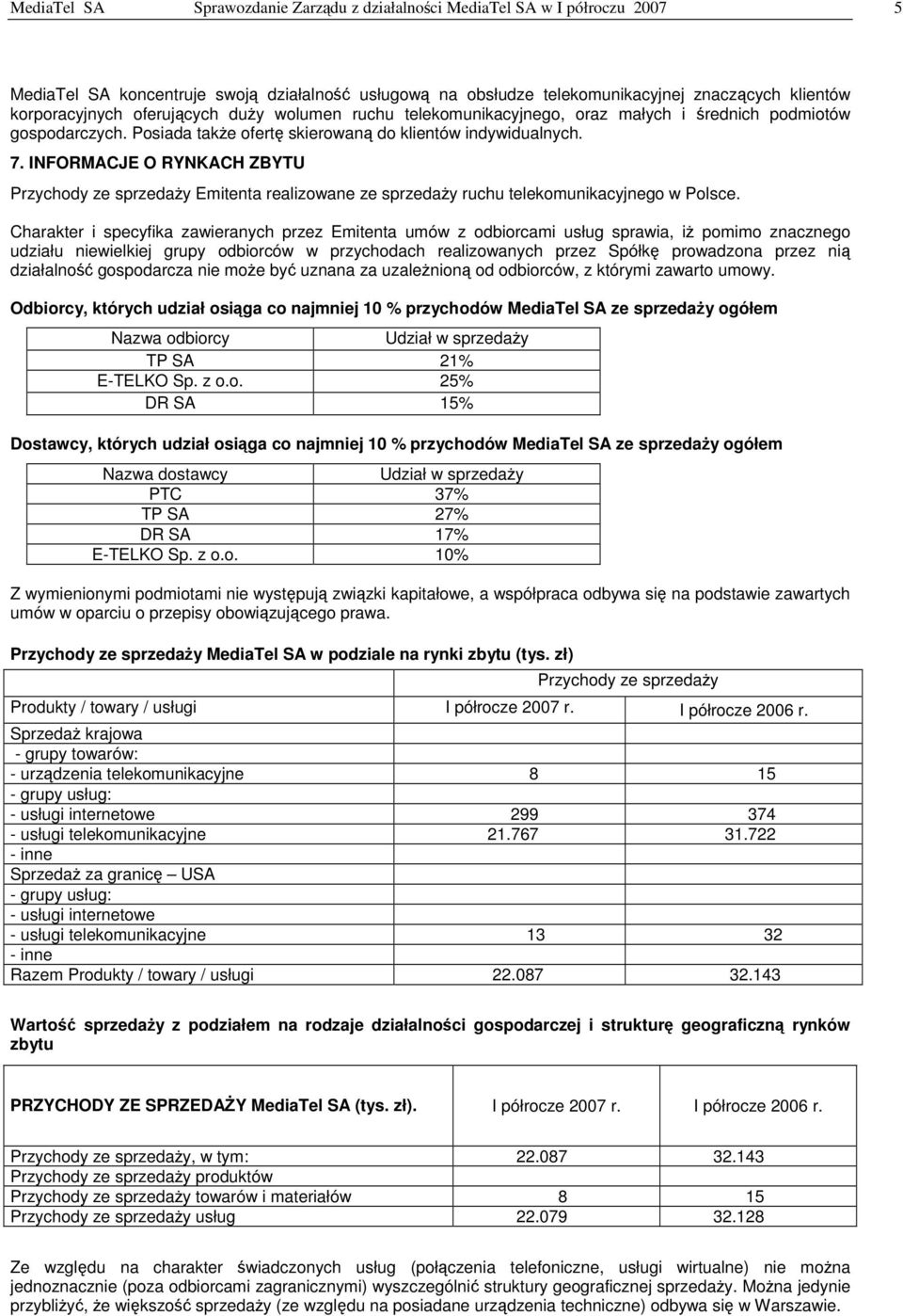 INFORMACJE O RYNKACH ZBYTU Przychody ze sprzeday Emitenta realizowane ze sprzeday ruchu telekomunikacyjnego w Polsce.