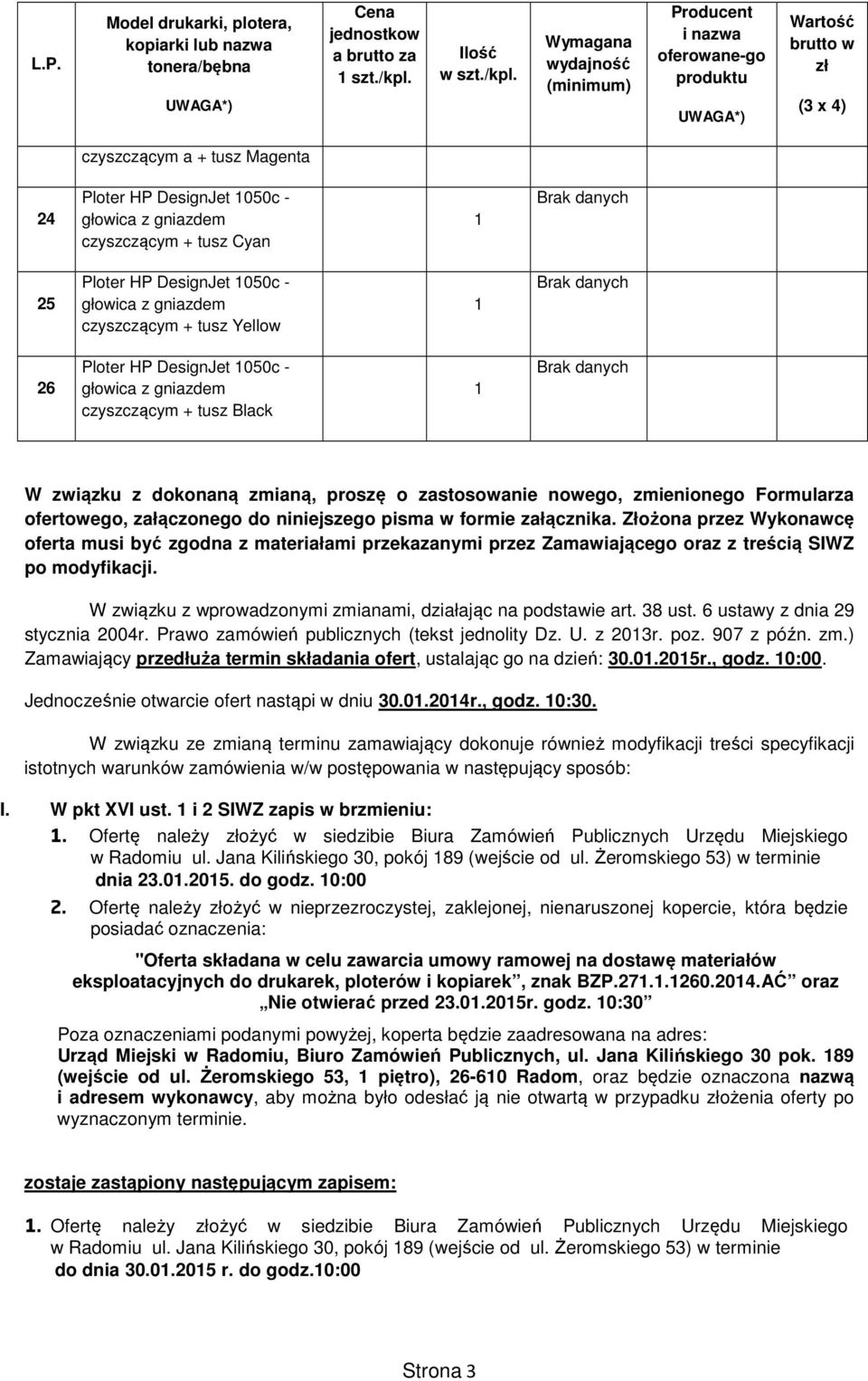 Złożona przez Wykonacę oferta musi być zgodna z materiałami przekazanymi przez Zamaiającego oraz z treścią SIWZ po modyfikacji. W ziązku z proadzonymi zmianami, działając na podstaie art. 8 ust.