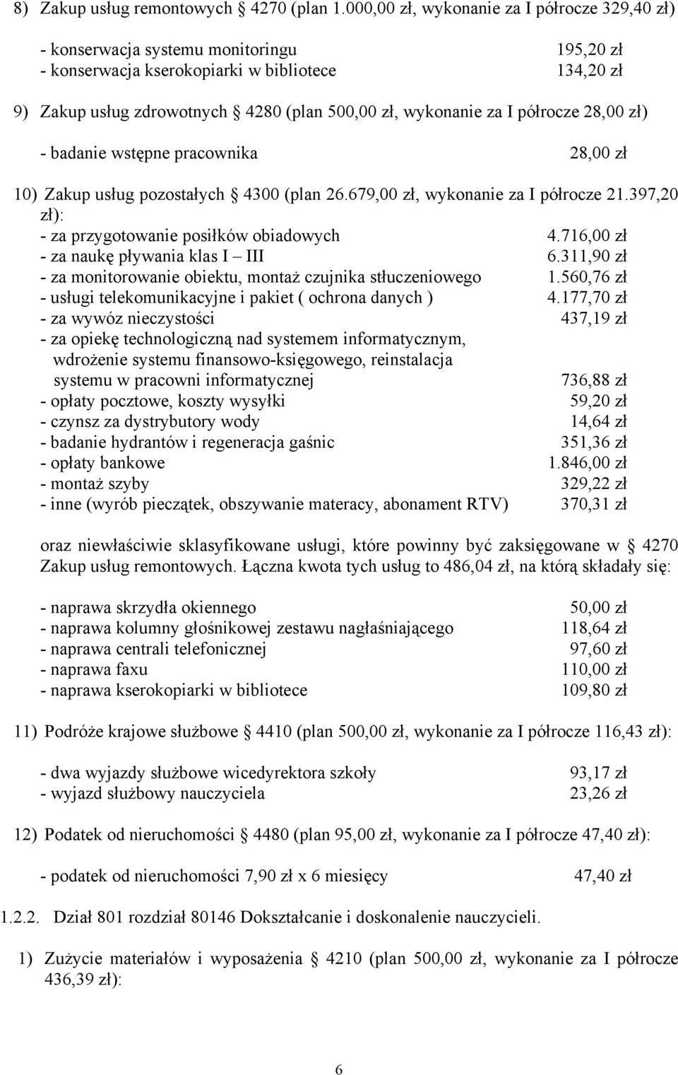 za I półrocze 28,00 zł) - badanie wstępne pracownika 28,00 zł 10) Zakup usług pozostałych 4300 (plan 26.679,00 zł, wykonanie za I półrocze 21.397,20 zł): - za przygotowanie posiłków obiadowych 4.