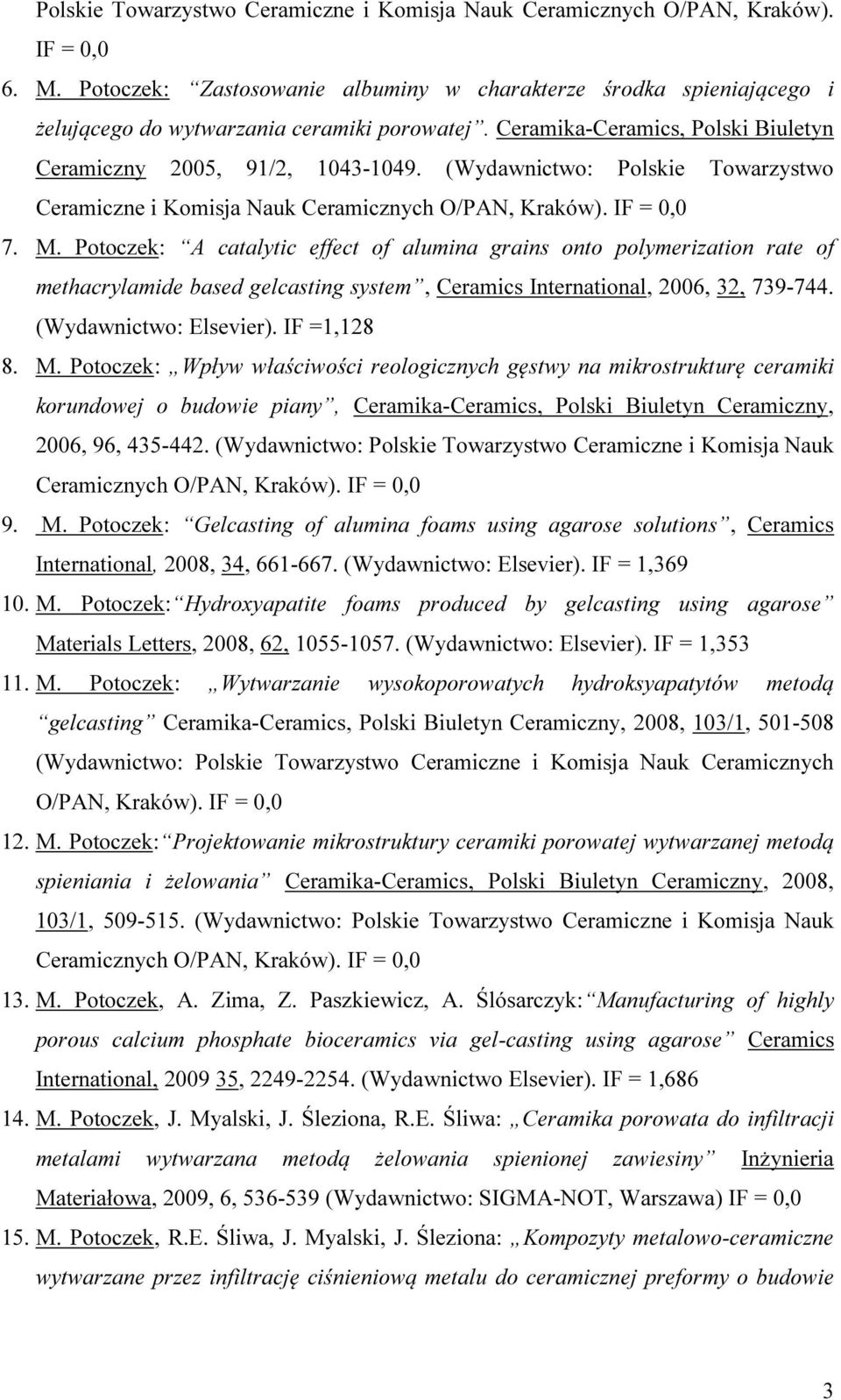 (Wydawnictwo: Polskie Towarzystwo Ceramiczne i Komisja Nauk Ceramicznych O/PAN, Kraków). IF = 0,0 7. M.