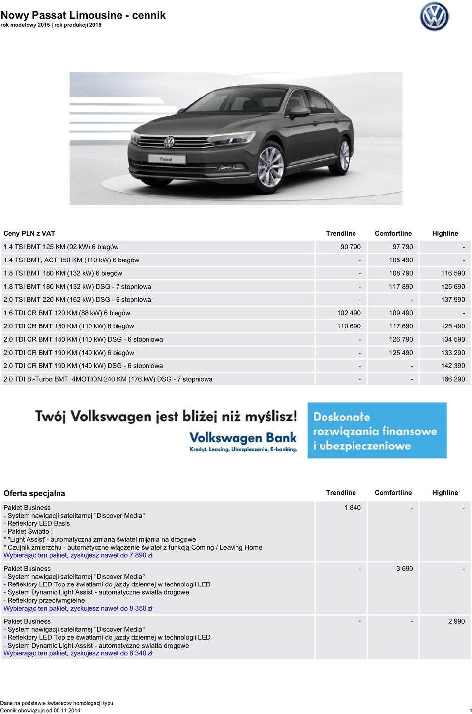 0 TSI BMT 220 KM (162 kw) DSG - 6 stopniowa - - 137 990 1.6 TDI CR BMT 120 KM (88 kw) 6 biegów 102 490 109 490-2.0 TDI CR BMT 150 KM (110 kw) 6 biegów 110 690 117 690 125 490 2.