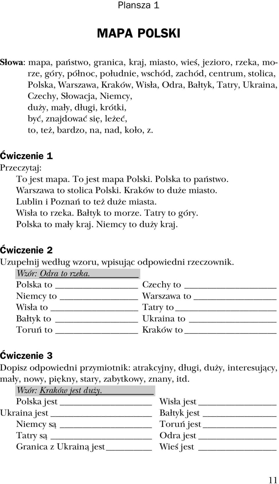 Polska to państwo. Warszawa to stolica Polski. Kraków to duże miasto. Lublin i Poznań to też duże miasta. Wisła to rzeka. Bałtyk to morze. Tatry to góry. Polska to mały kraj. Niemcy to duży kraj.
