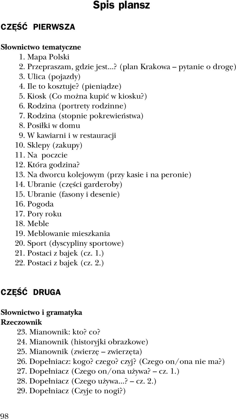 13. Na dworcu kolejowym (przy kasie i na peronie) 14. Ubranie (części garderoby) 15. Ubranie (fasony i desenie) 16. Pogoda 17. Pory roku 18. Meble 19. Meblowanie mieszkania 20.