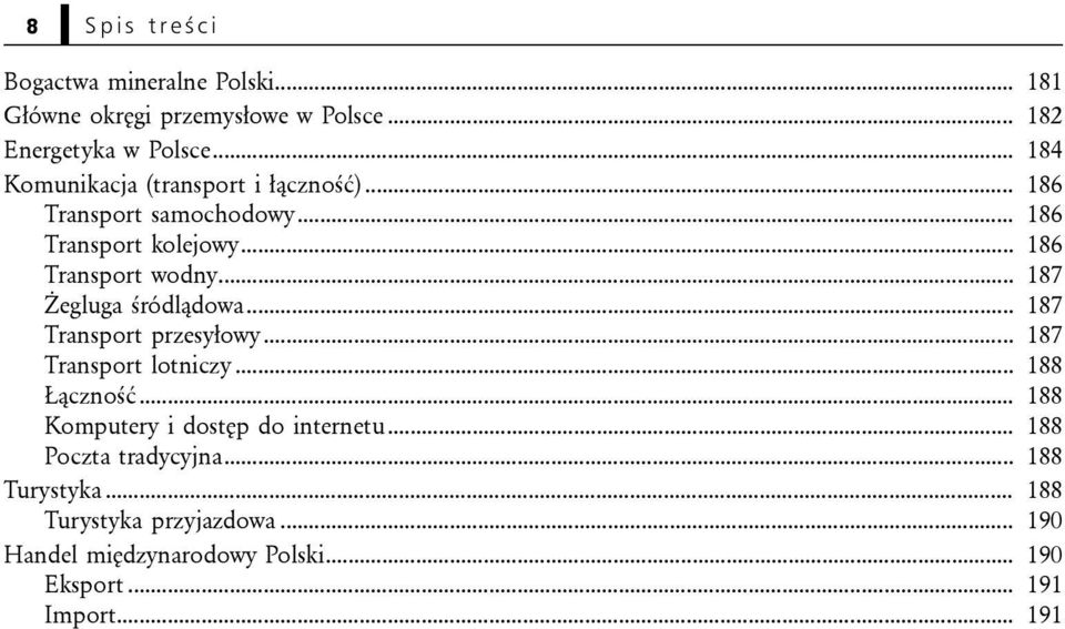 .. 187 Żegluga śródlądowa... 187 Transport przesyłowy... 187 Transport lotniczy... 188 Łączność.