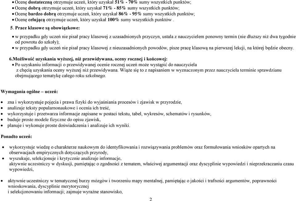 Prace klasowe są obowiązkowe: w przypadku gdy uczeń nie pisał pracy klasowej z uzasadnionych przyczyn, ustala z nauczycielem ponowny termin (nie dłuższy niż dwa tygodnie od powrotu do szkoły); w