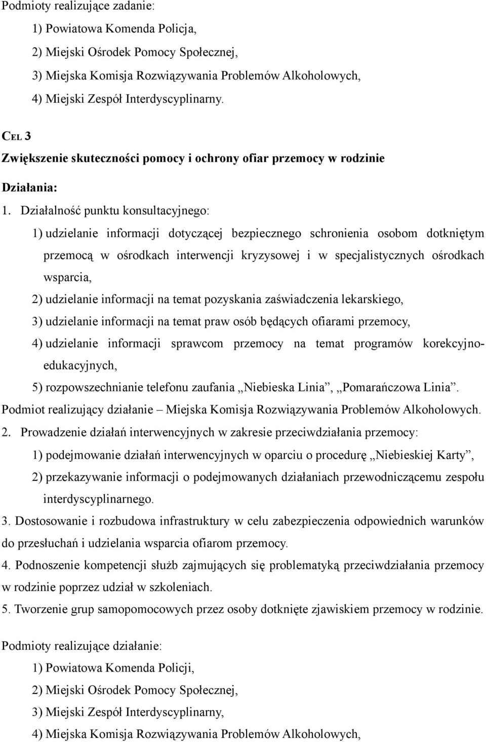 Działalność punktu konsultacyjnego: 1) udzielanie informacji dotyczącej bezpiecznego schronienia osobom dotkniętym przemocą w ośrodkach interwencji kryzysowej i w specjalistycznych ośrodkach