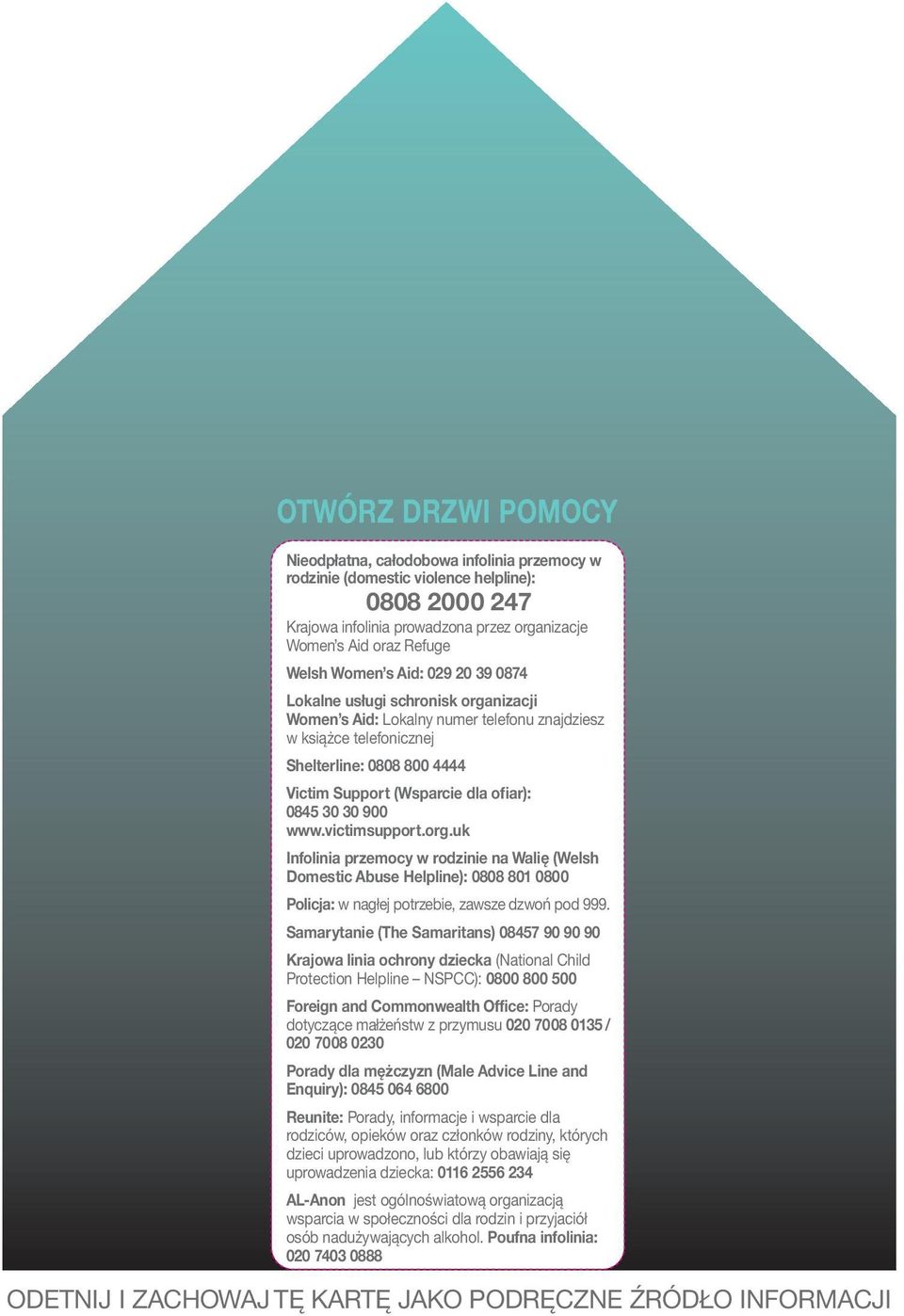 0845 30 30 900 www.victimsupport.org.uk Infolinia przemocy w rodzinie na Walię (Welsh Domestic Abuse Helpline): 0808 801 0800 Policja: w nagłej potrzebie, zawsze dzwoń pod 999.
