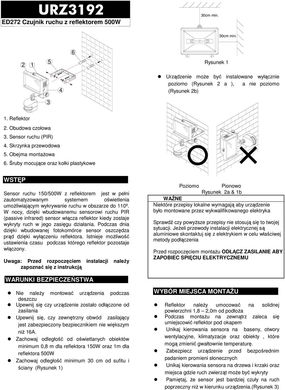 Śruby mocujące oraz kołki plastykowe WSTĘP Sensor ruchu 150/500W z reflektorem jest w pełni zautomatyzowanym systemem oświetlenia umoŝliwiającym wykrywanie ruchu w obszarze do 110º.