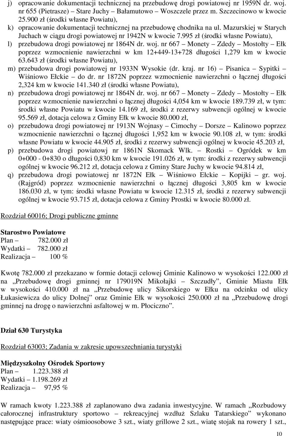 995 zł (środki własne Powiatu), l) przebudowa drogi powiatowej nr 1864N dr. woj. nr 667 Monety Zdedy Mostołty Ełk poprzez wzmocnienie nawierzchni w km 12+449-13+728 długości 1,279 km w kwocie 63.