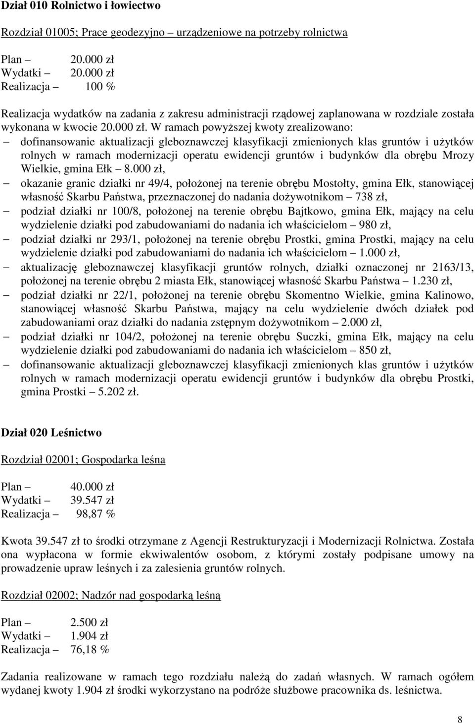 Realizacja wydatków na zadania z zakresu administracji rządowej zaplanowana w rozdziale została wykonana w kwocie 20.000 zł.