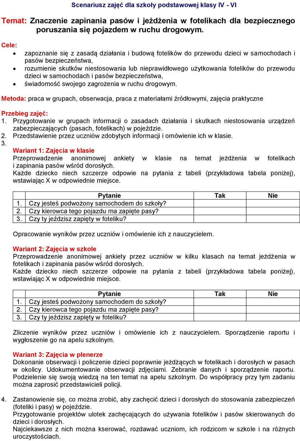 dzieci w samochodach i pasów bezpieczeństwa, świadomość swojego zagrożenia w ruchu drogowym. Metoda: praca w grupach, obserwacja, praca z materiałami źródłowymi, zajęcia praktyczne 1.