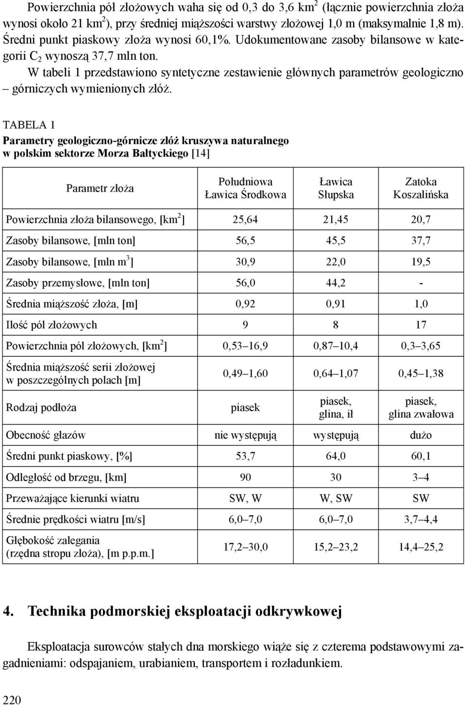 W tabeli 1 przedstawiono syntetyczne zestawienie głównych parametrów geologiczno górniczych wymienionych złóż.