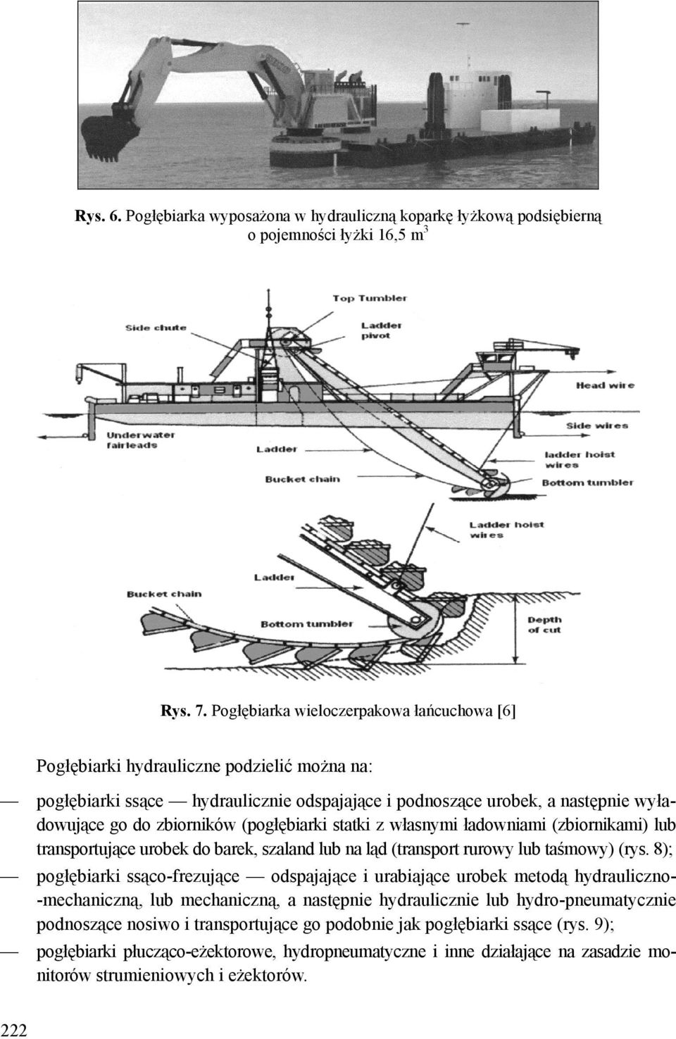 (pogłębiarki statki z własnymi ładowniami (zbiornikami) lub transportujące urobek do barek, szaland lub na ląd (transport rurowy lub taśmowy) (rys.