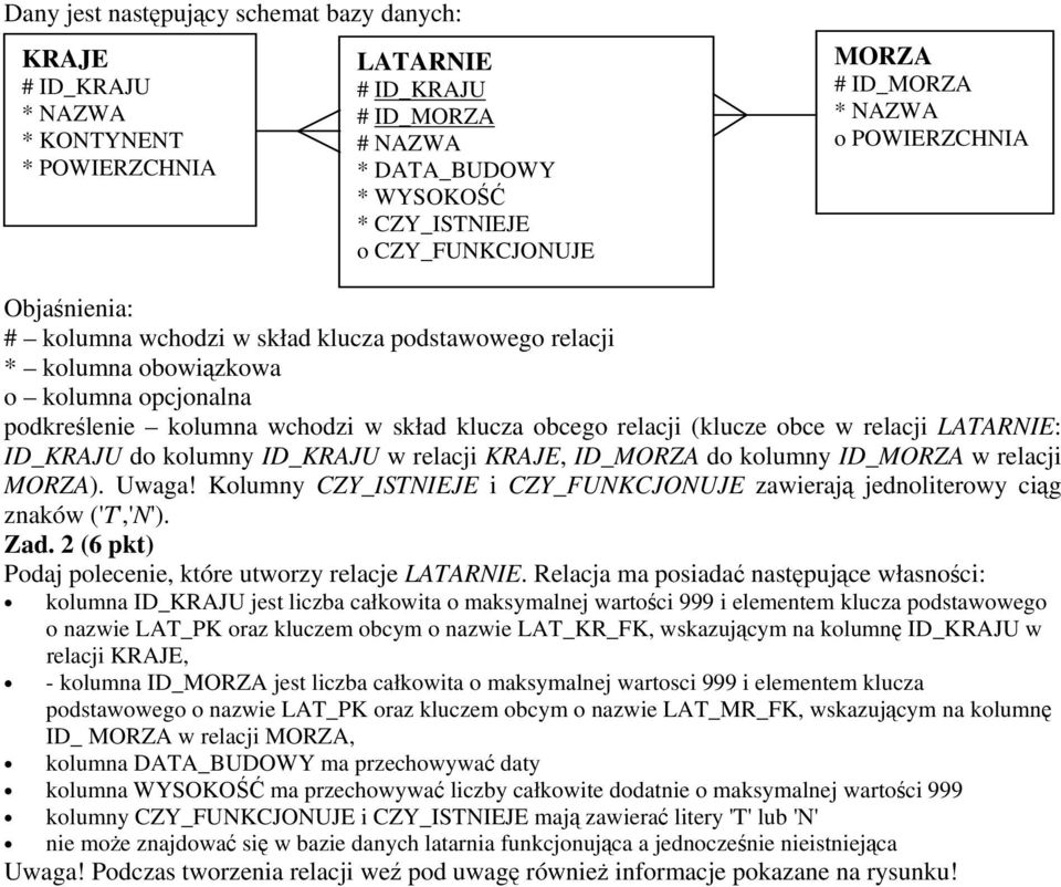 relacji (klucze obce w relacji LATARNIE: ID_KRAJU do kolumny ID_KRAJU w relacji KRAJE, ID_MORZA do kolumny ID_MORZA w relacji MORZA). Uwaga!