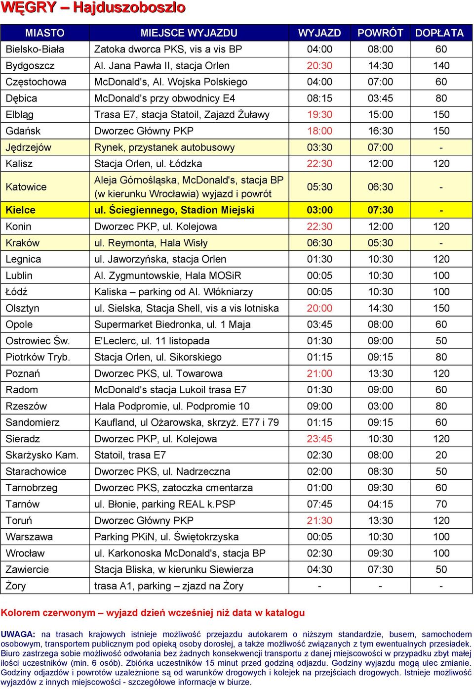 Rynek, przystanek autobusowy 03:30 07:00 - Kalisz Stacja Orlen, ul. Łódzka 22:30 12:00 120 05:30 06:30 - Kielce ul. Ściegiennego, Stadion Miejski 03:00 07:30 - Konin Dworzec PKP, ul.