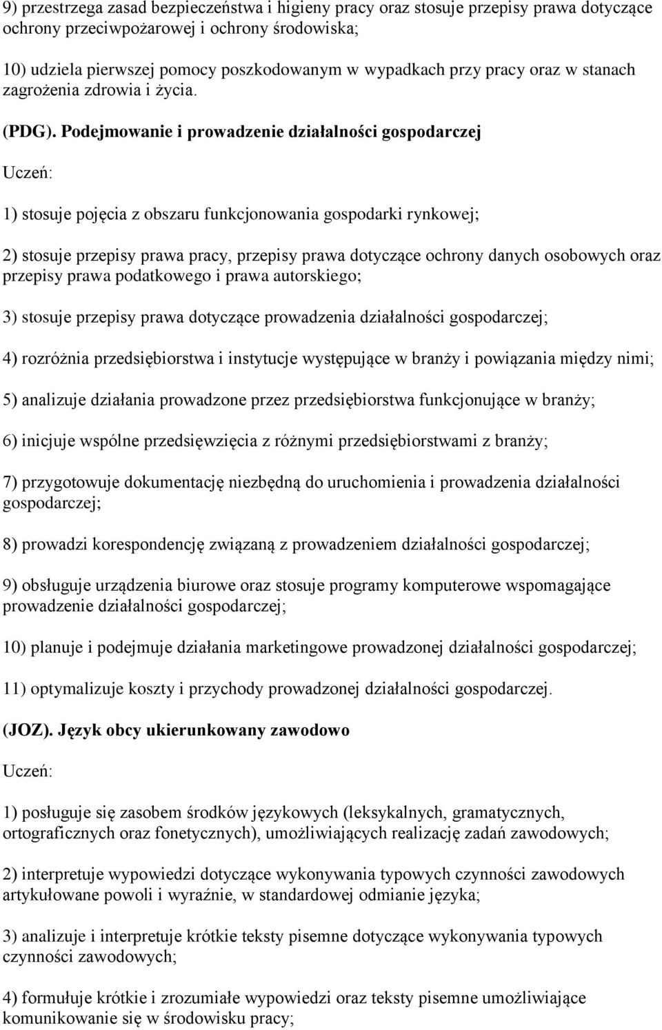 Podejmowanie i prowadzenie działalności gospodarczej 1) stosuje pojęcia z obszaru funkcjonowania gospodarki rynkowej; 2) stosuje przepisy prawa pracy, przepisy prawa dotyczące ochrony danych