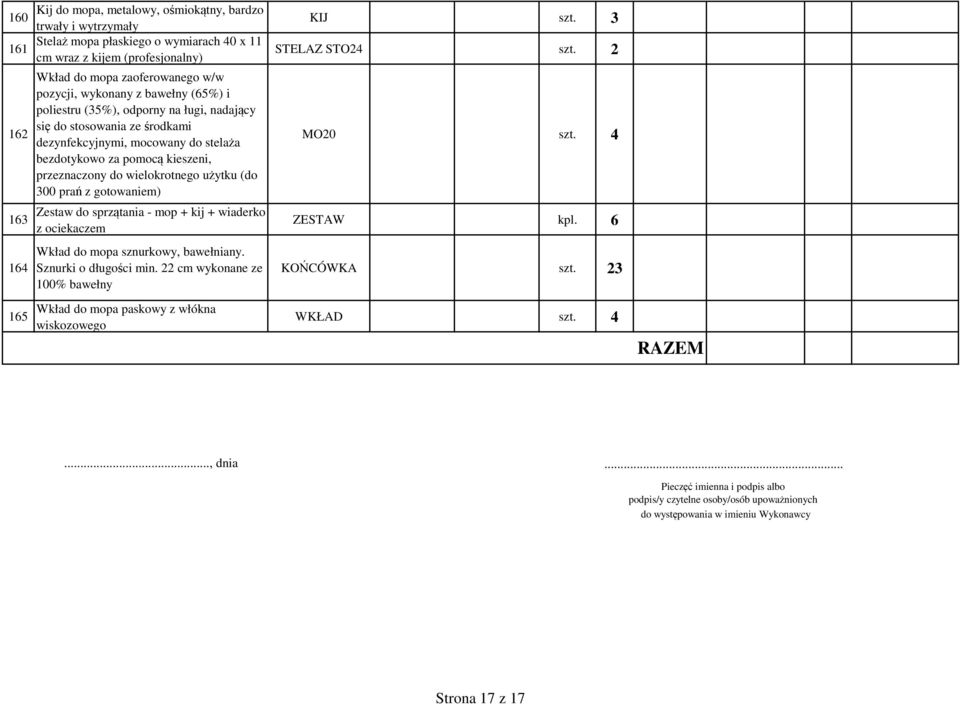 użytku (do 300 prań z gotowaniem) Zestaw do sprzątania - mop + kij + wiaderko z ociekaczem Wkład do mopa sznurkowy, bawełniany. Sznurki o długości min.