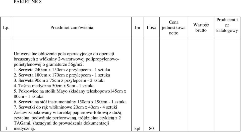 polipropylenowopolietylenowej o gramaturze 56g/m2: 1. Serweta 240cm x 150cm z przylepcem - 1 sztuka 2. Serweta 180cm x 170cm z przylepcem - 1 sztuka 3. Serweta 90cm x 75cm z przylepcem - 2 sztuki 4.