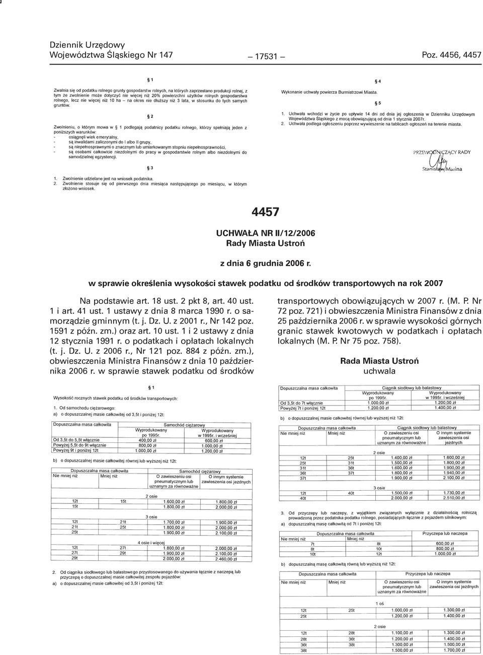 o podatkach i opłatach lokalnych (t. j. Dz. U. z 2006 r., Nr 121 poz. 884 z późn. zm.), obwieszczenia Ministra Finansów z dnia 10 października 2006 r.