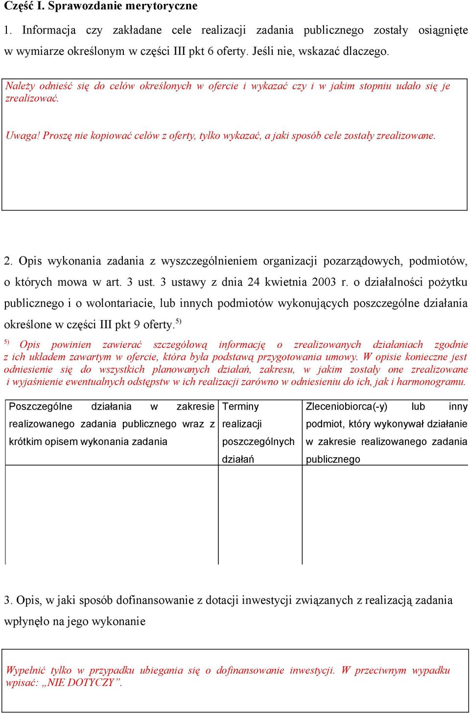 Proszę nie kopiować celów z oferty, tylko wykazać, a jaki sposób cele zostały zrealizowane. 2. Opis wykonania z wyszczególnieniem organizacji pozarządowych, podmiotów, o których mowa w art. 3 ust.