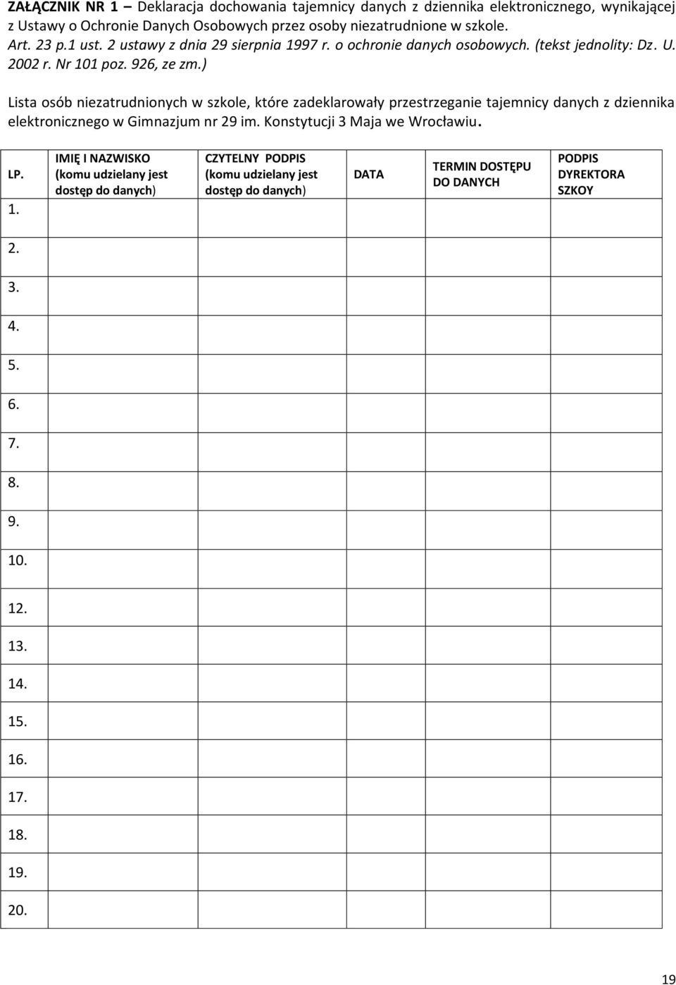 ) Lista osób niezatrudnionych w szkole, które zadeklarowały przestrzeganie tajemnicy danych z dziennika elektronicznego w Gimnazjum nr 29 im. Konstytucji 3 Maja we Wrocławiu. LP.