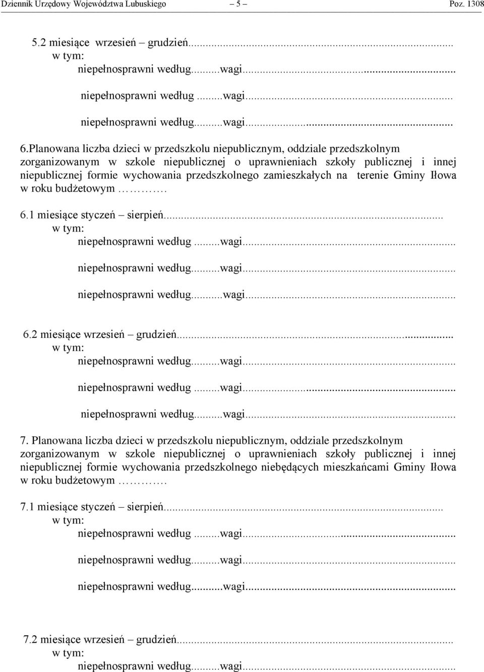 przedszkolnego zamieszkałych na terenie Gminy Iłowa w roku budżetowym. 6.1 miesiące styczeń sierpień... 6.2 miesiące wrzesień grudzień... niepełnosprawni według...wagi... 7.