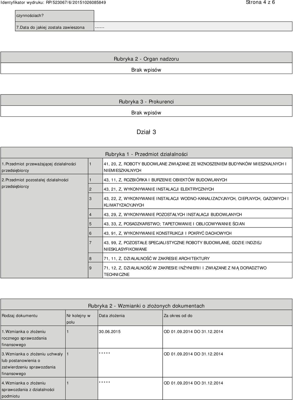 Przedmiot pozostałej działalności przedsiębiorcy 1 41, 20, Z, ROBOTY BUDOWLANE ZWIĄZANE ZE WZNOSZEM BUDYNKÓW MIESZKALNYCH I MIESZKALNYCH 1 43, 11, Z, ROZBIÓRKA I BURZE OBIEKTÓW BUDOWLANYCH 2 43, 21,