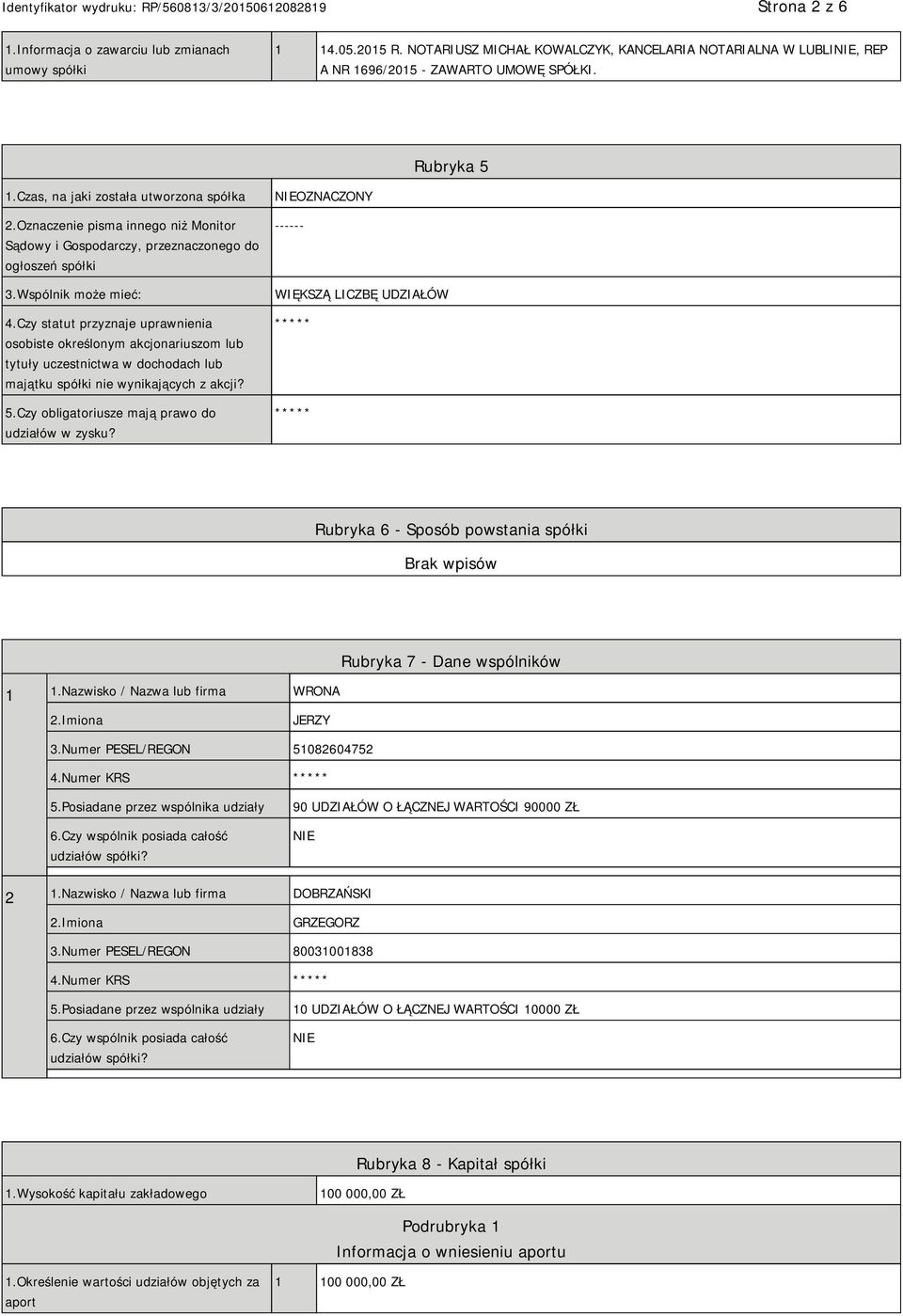 Czy statut przyznaje uprawnienia osobiste określonym akcjonariuszom lub tytuły uczestnictwa w dochodach lub majątku spółki nie wynikających z akcji? 5.