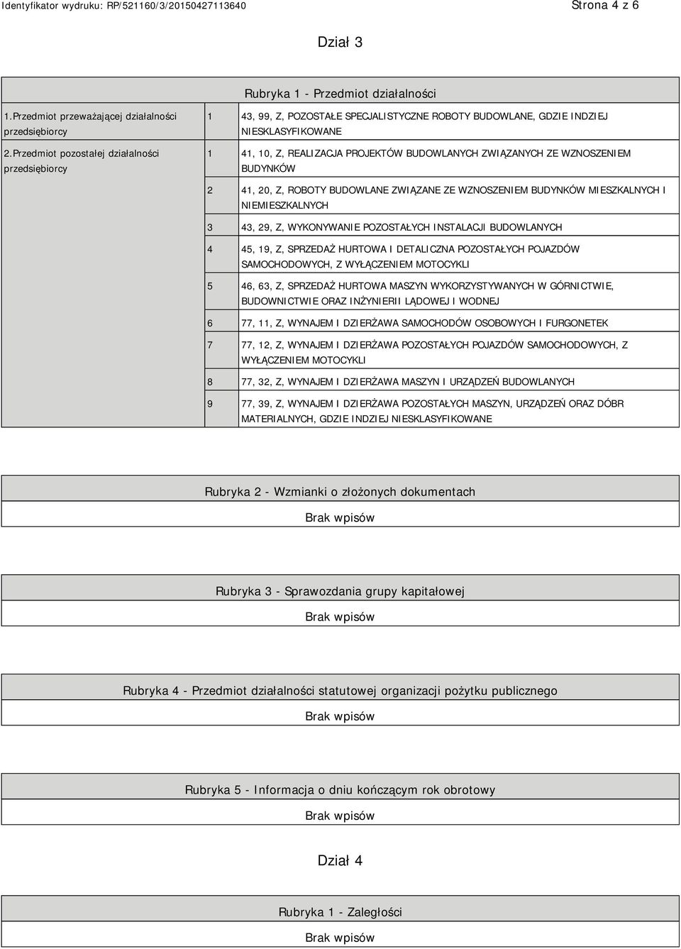 WZNOSZEM BUDYNKÓW 2 41, 20, Z, ROBOTY BUDOWLANE ZWIĄZANE ZE WZNOSZEM BUDYNKÓW MIESZKALNYCH I MIESZKALNYCH 3 43, 29, Z, WYKONYWA POZOSTAŁYCH INSTALACJI BUDOWLANYCH 4 45, 19, Z, SPRZEDAŻ HURTOWA I