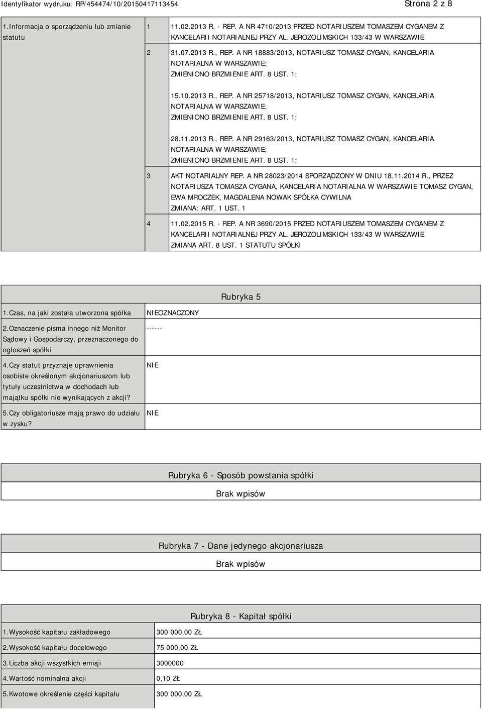 8 UST. 1; 28.11.2013 R., REP. A NR 29163/2013, NOTARIUSZ TOMASZ CYGAN, KANCELARIA NOTARIALNA W WARSZAWIE; ZMIENIONO BRZMIE ART. 8 UST. 1; 3 AKT NOTARIALNY REP. A NR 28023/2014 SPORZĄDZONY W DNIU 18.