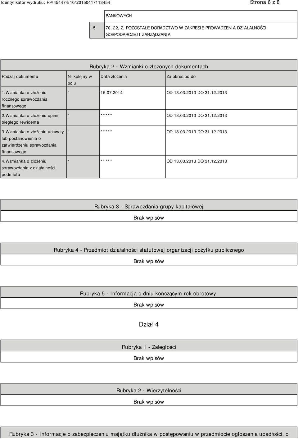 Wzmianka o złożeniu uchwały lub postanowienia o zatwierdzeniu sprawozdania finansowego 4.Wzmianka o złożeniu sprawozdania z działalności podmiotu 1 15.07.2014 OD 13.03.2013 DO 31.12.