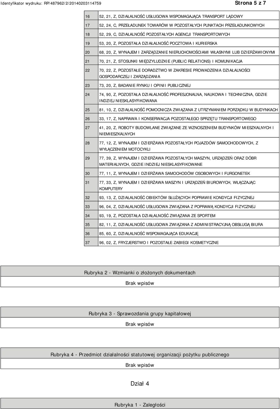 RELATIONS) I KOMUNIKACJA 22 70, 22, Z, POZOSTAŁE DORADZTWO W ZAKRESIE PROWADZENIA DZIAŁALNOŚCI GOSPODARCZEJ I ZARZĄDZANIA 23 73, 20, Z, BADA RYNKU I OPINII PUBLICZNEJ 24 74, 90, Z, POZOSTAŁA