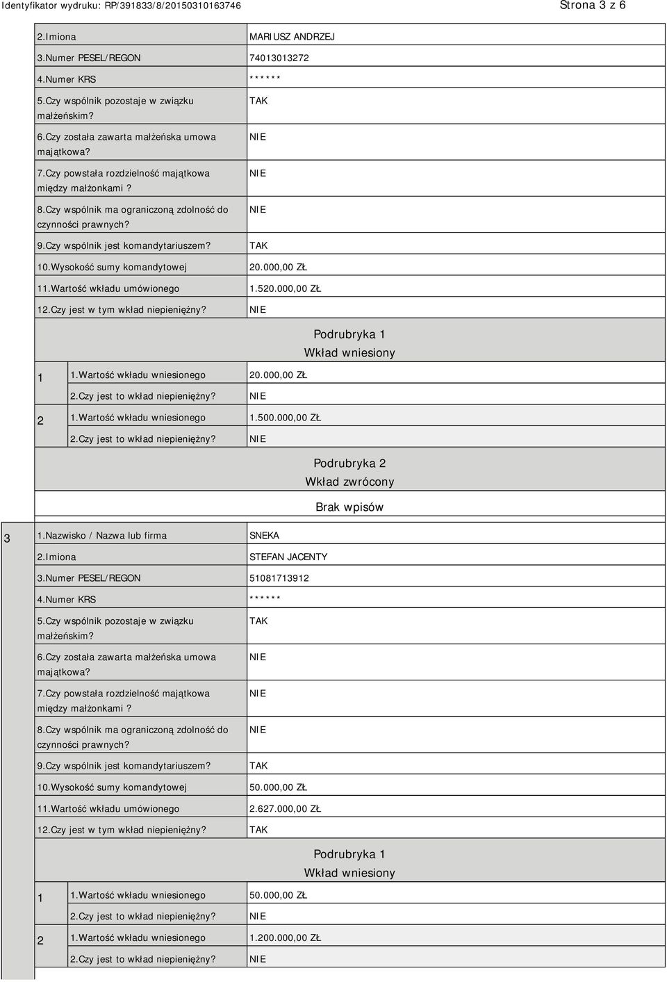 000,00 ZŁ 1.520.000,00 ZŁ 1 1.Wartość wkładu wniesionego 20.000,00 ZŁ Wkład wniesiony 2 1.Wartość wkładu wniesionego 1.500.000,00 ZŁ Podrubryka 2 Wkład zwrócony 3 1.