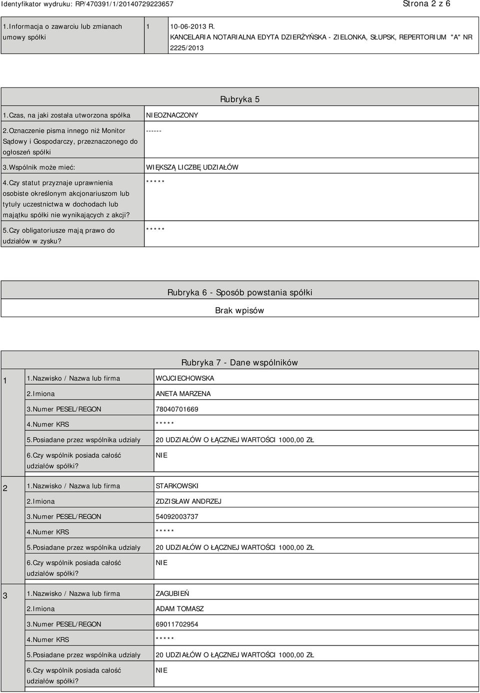 Czy statut przyznaje uprawnienia osobiste określonym akcjonariuszom lub tytuły uczestnictwa w dochodach lub majątku spółki nie wynikających z akcji? 5.