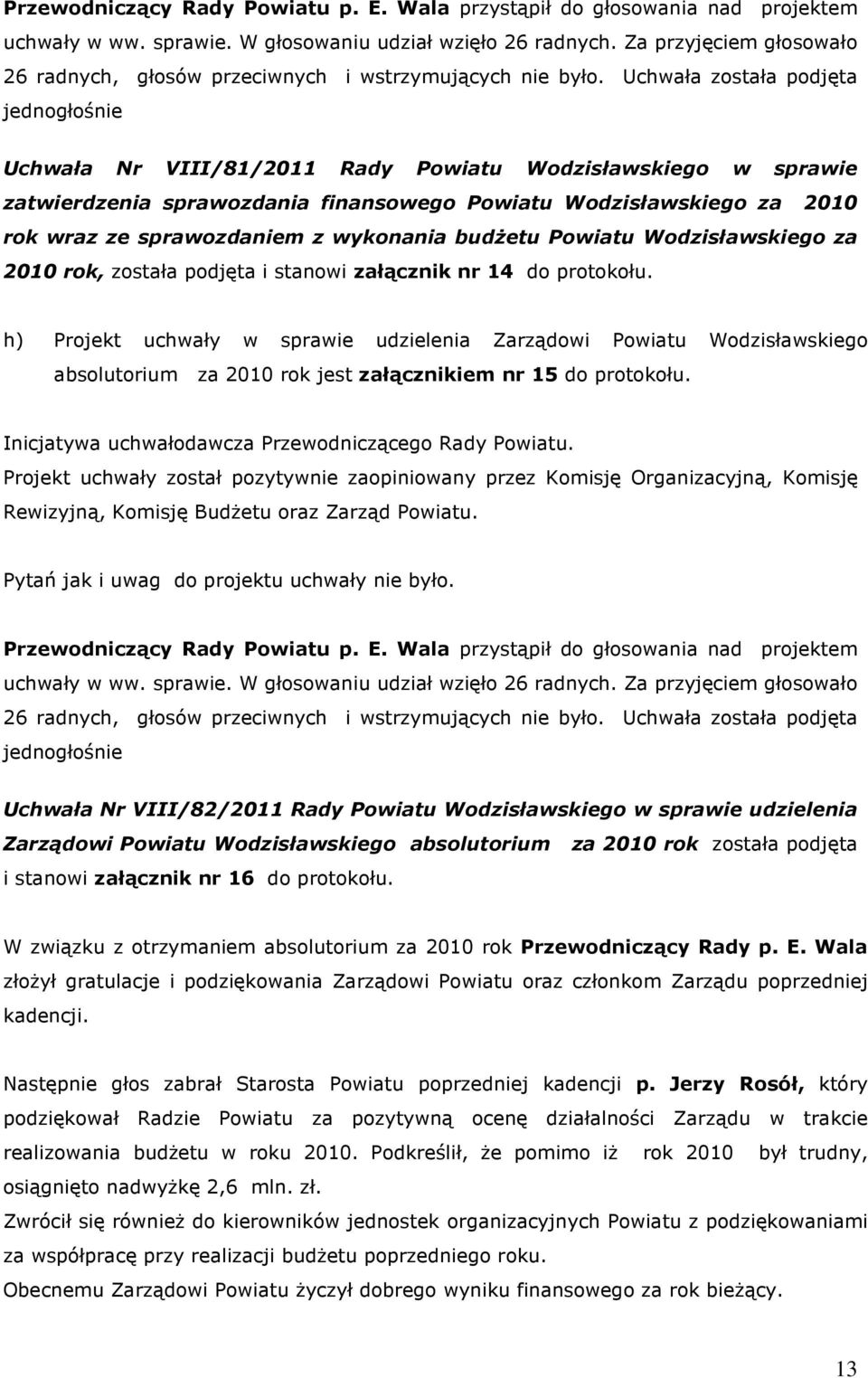 Uchwała została podjęta jednogłośnie Uchwała Nr VIII/81/2011 Rady Powiatu Wodzisławskiego w sprawie zatwierdzenia sprawozdania finansowego Powiatu Wodzisławskiego za 2010 rok wraz ze sprawozdaniem z