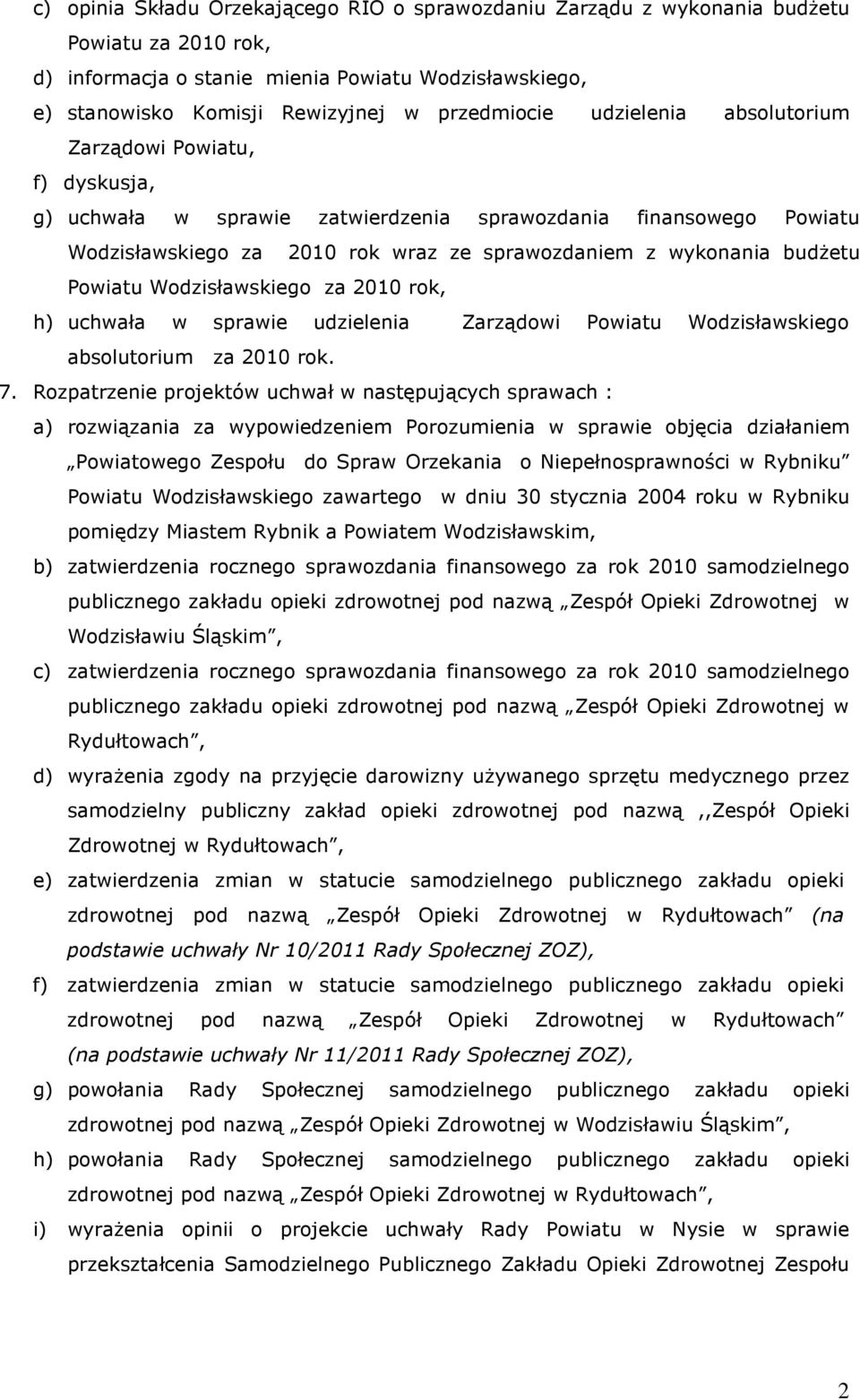 Powiatu Wodzisławskiego za 2010 rok, h) uchwała w sprawie udzielenia Zarządowi Powiatu Wodzisławskiego absolutorium za 2010 rok. 7.
