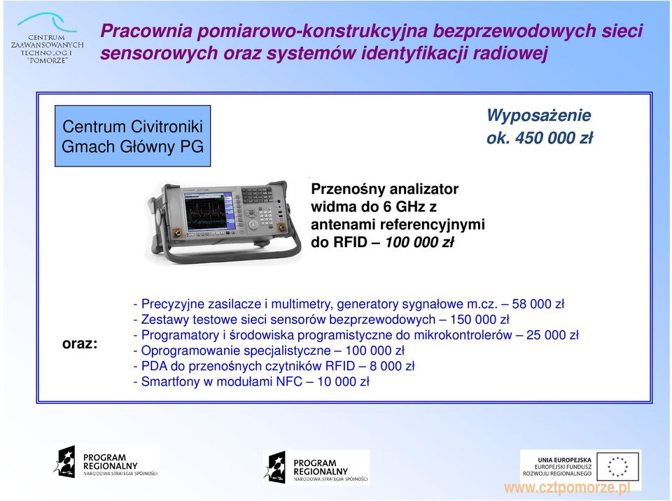 450 000 zł Przenośny analizator widma do 6 GHz z antenami referencyjnymi do RFID 100 000 zł oraz: - Precyzyjne zasilacze i multimetry, generatory