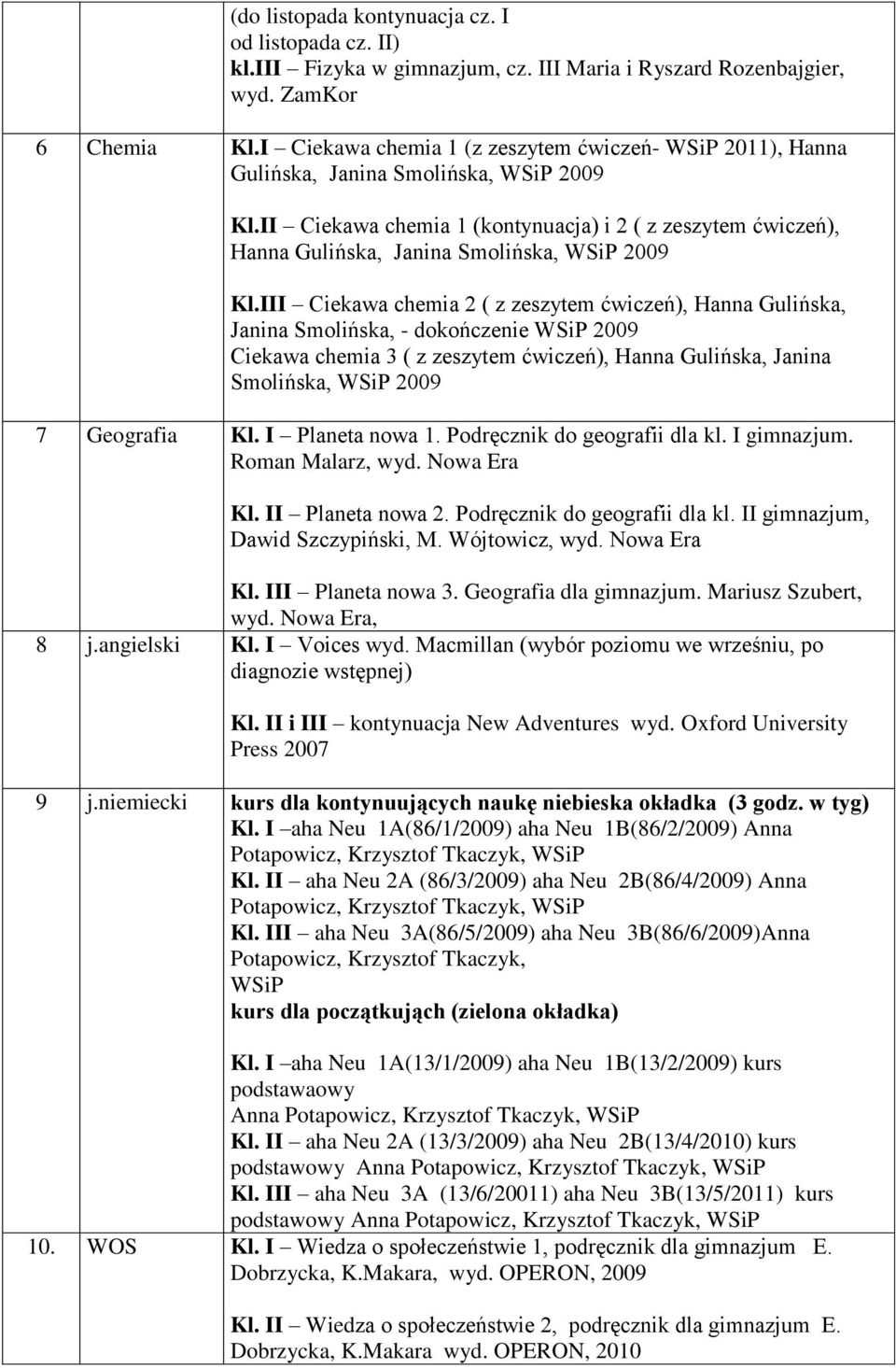 II Ciekawa chemia 1 (kontynuacja) i 2 ( z zeszytem ćwiczeń), Hanna Gulińska, Janina Smolińska, WSiP 2009 Kl.