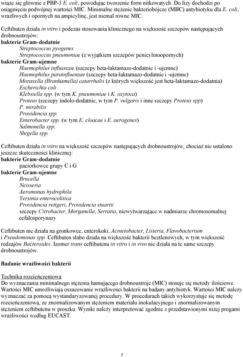 Ceftibuten działa in vitro i podczas stosowania klinicznego na większość szczepów następujących drobnoustrojów: bakterie Gram-dodatnie Streptococcus pyogenes Streptococcus pneumoniae (z wyjątkiem