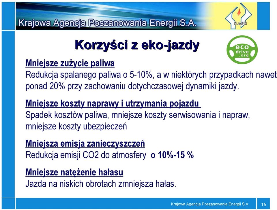 Mniejsze koszty naprawy i utrzymania pojazdu Spadek kosztów paliwa, mniejsze koszty serwisowania i napraw, mniejsze koszty