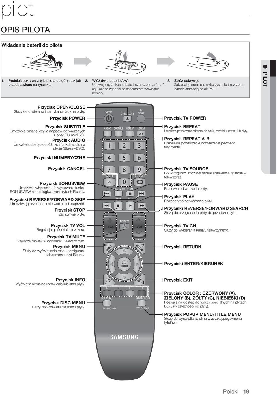 na płytę Przycisk POWER POWER OPEN/CLOSE TV POWER Przycisk TV POWER Przycisk SUBTITLE Umożliwia zmianę języka napisów odtwarzanych z płyty Blu-ray/DVD Przycisk AUDIO Umożliwia dostęp do różnych