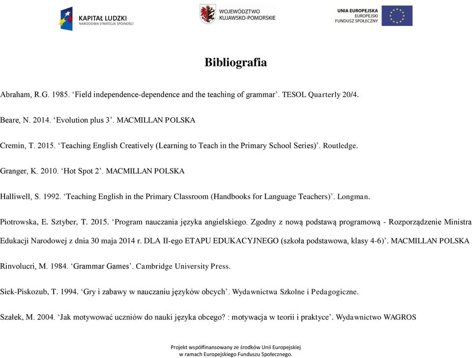 Teaching English in the Primary Classroom (Handbooks for Language Teachers). Longman. Piotrowska, E. Sztyber, T. 2015. Program nauczania języka angielskiego.