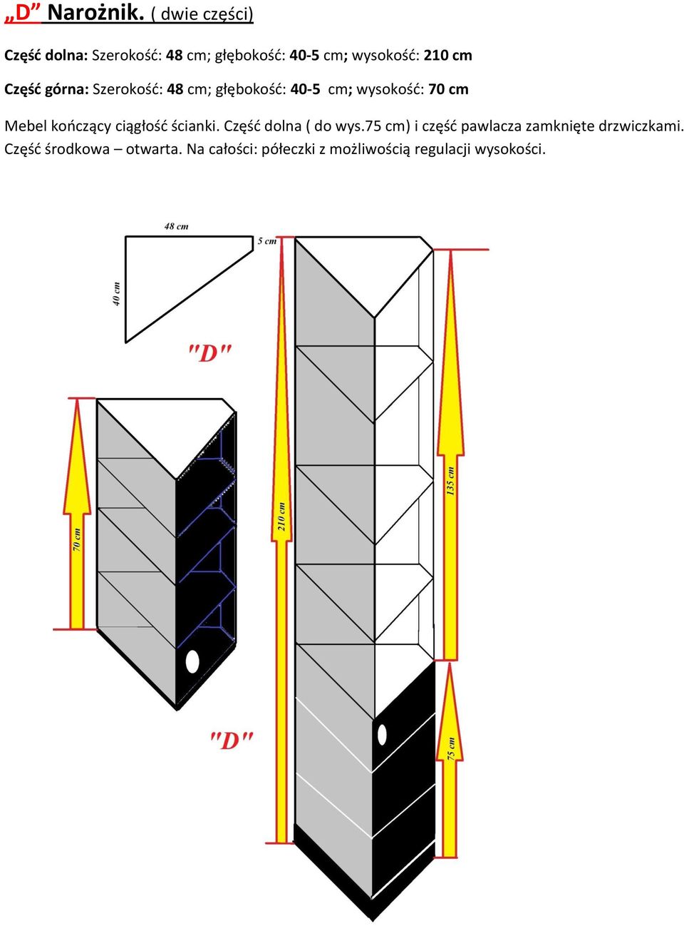 Część górna: Szerokość: 48 cm; głębokość: 40-5 cm; wysokość: 70 cm Mebel kończący